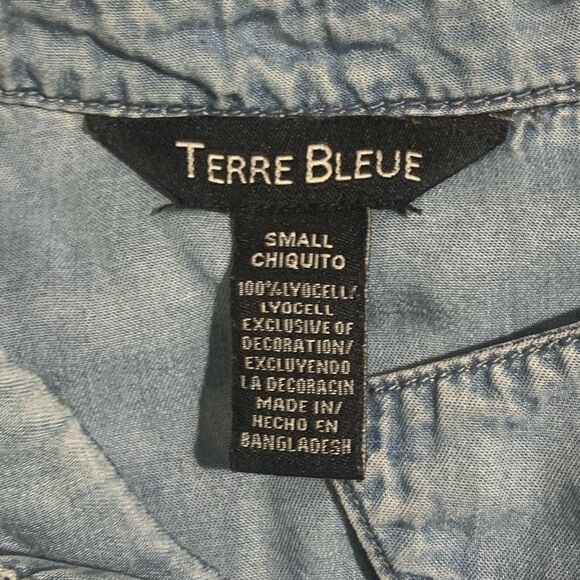 Vintage Terre Bleue Dress Small Tencell Embroidered Blue Collar Button Down Midi - Picture 2 of 6